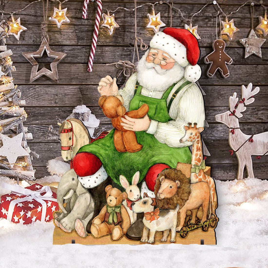 Holiday outdoor Santa yard decor with green coat, animals, and snowman on sled base