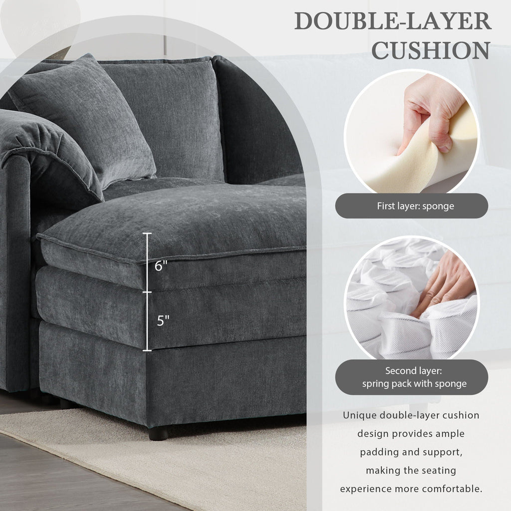 Dark gray sectional sofa seat with thick double-layer cushion and curved arm