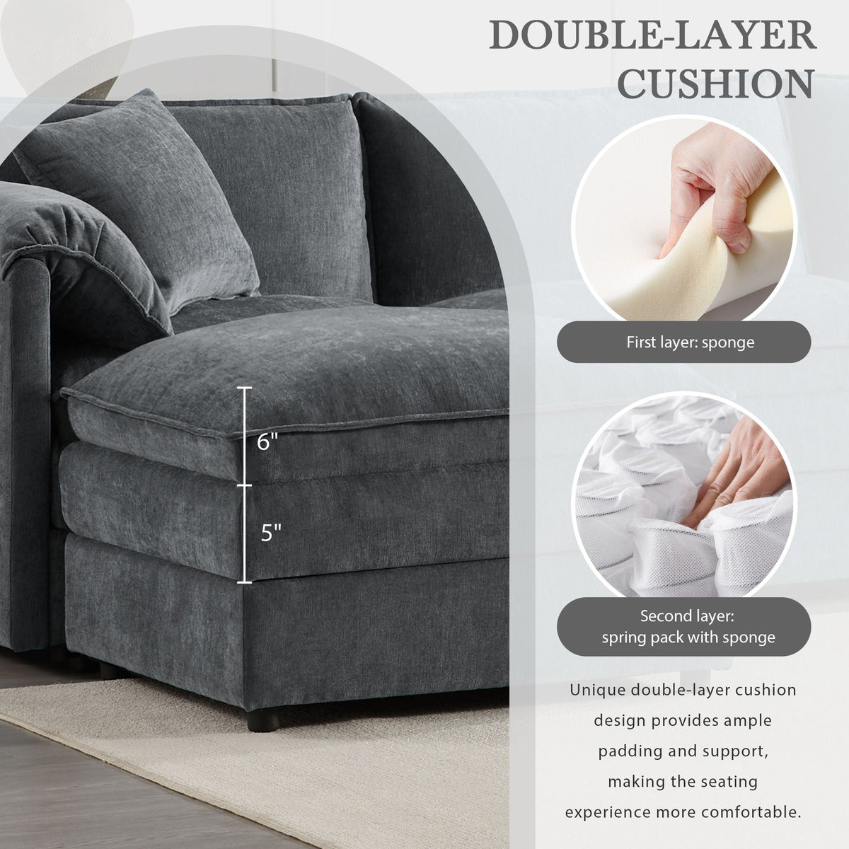 Dark gray sectional sofa seat with thick double-layer cushion and curved arm