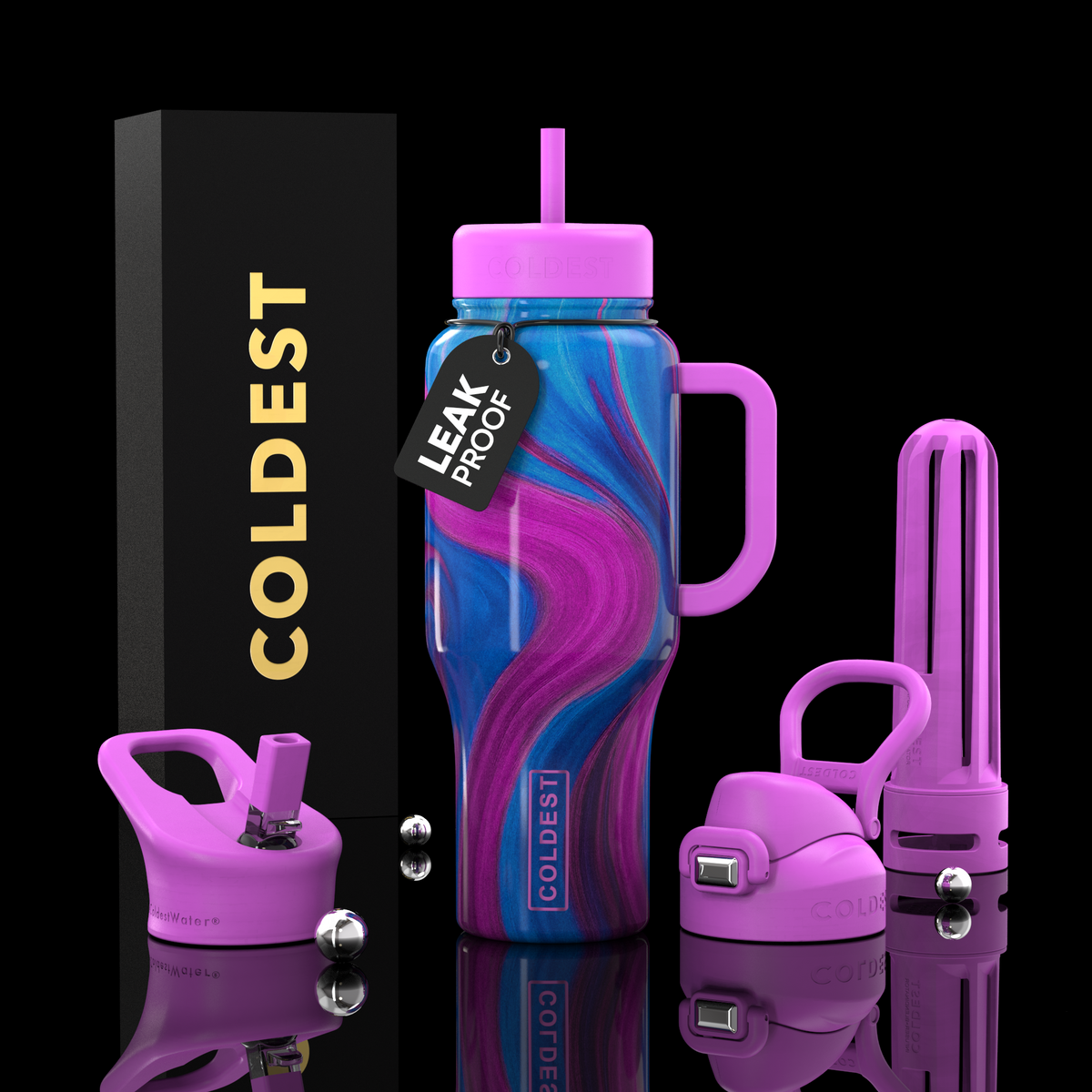 COLDEST 36oz insulated water bottle with handle, purple swirl marbled print, flip straw lid
