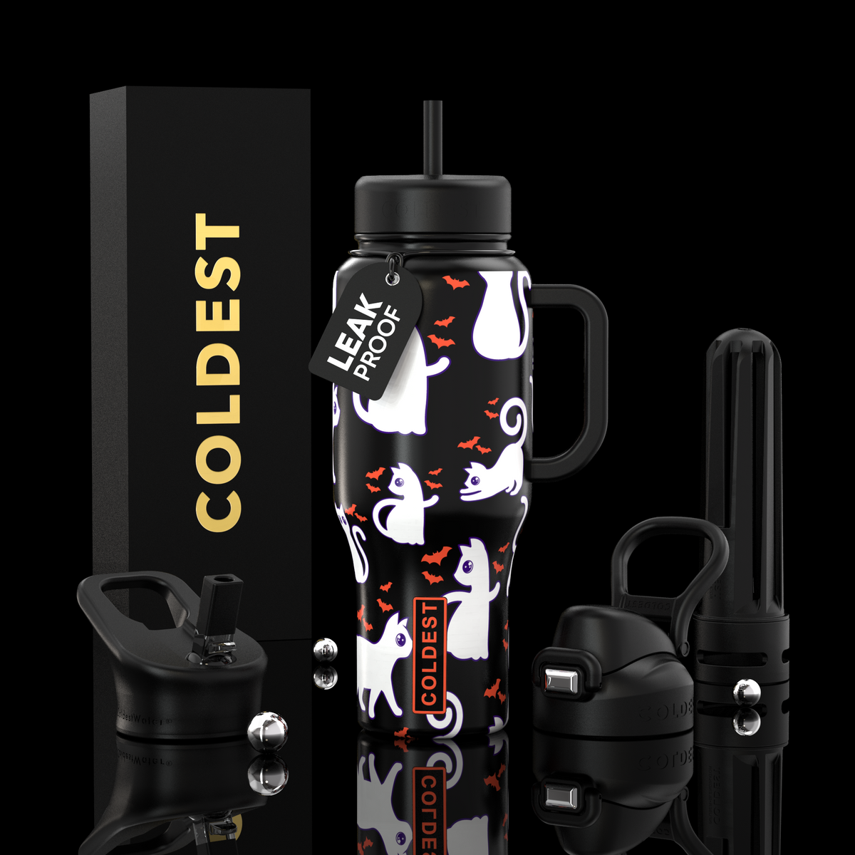 COLDEST 36oz Limitless Ultra v8 tumbler, black with white cat and orange accent graphic