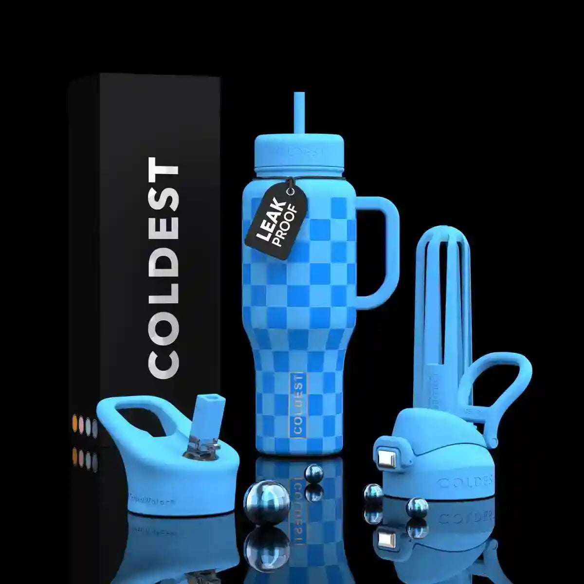 36oz insulated water bottle with blue checkered print, straw lid, and carrying handle
