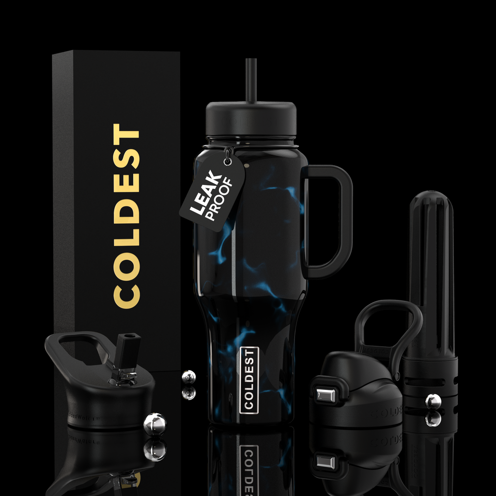 COLDEST 36oz insulated water bottle with handle, dark finish and glowing blue graphic, straw lid