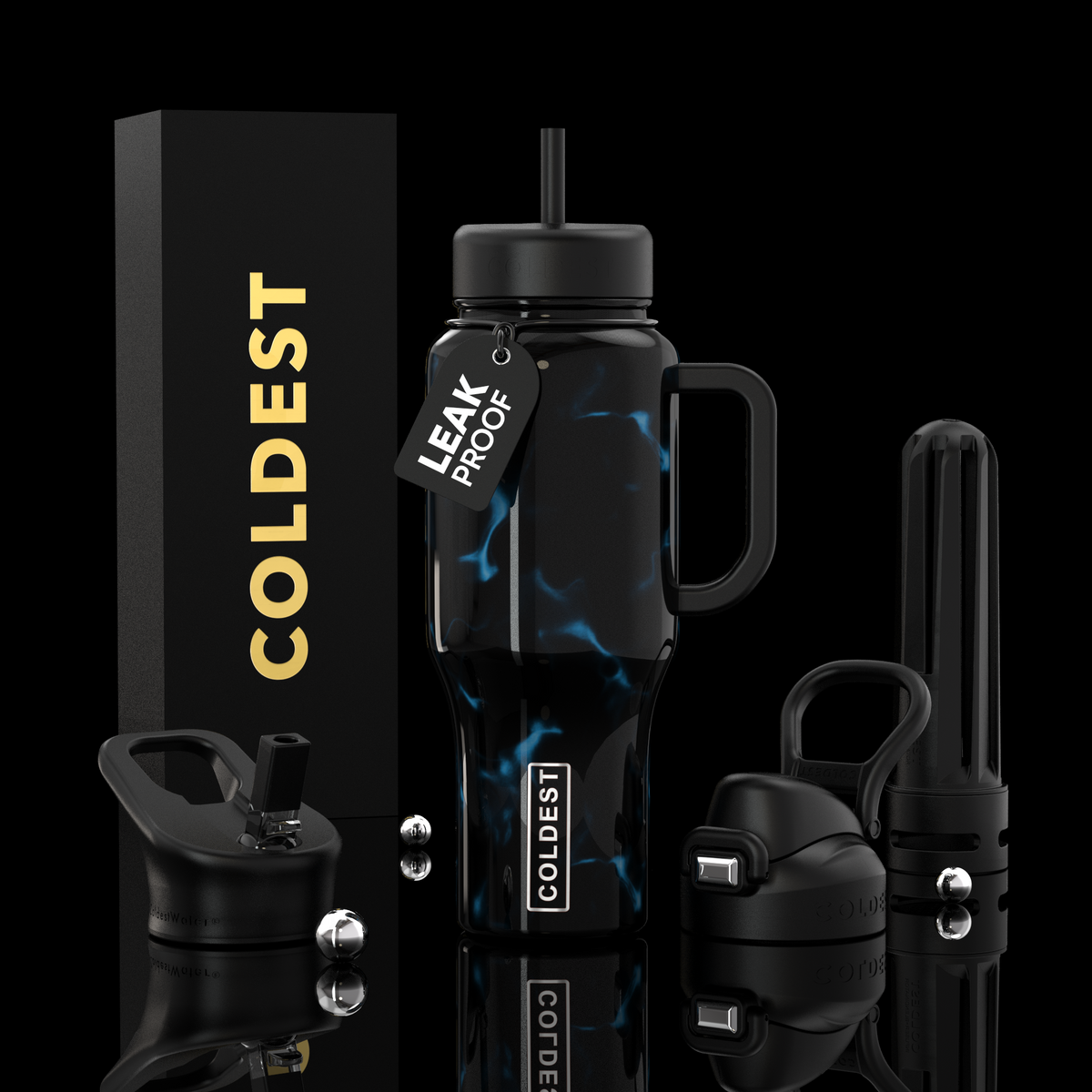 COLDEST 36oz insulated water bottle with handle, dark design and glowing blue shapes, straw lid
