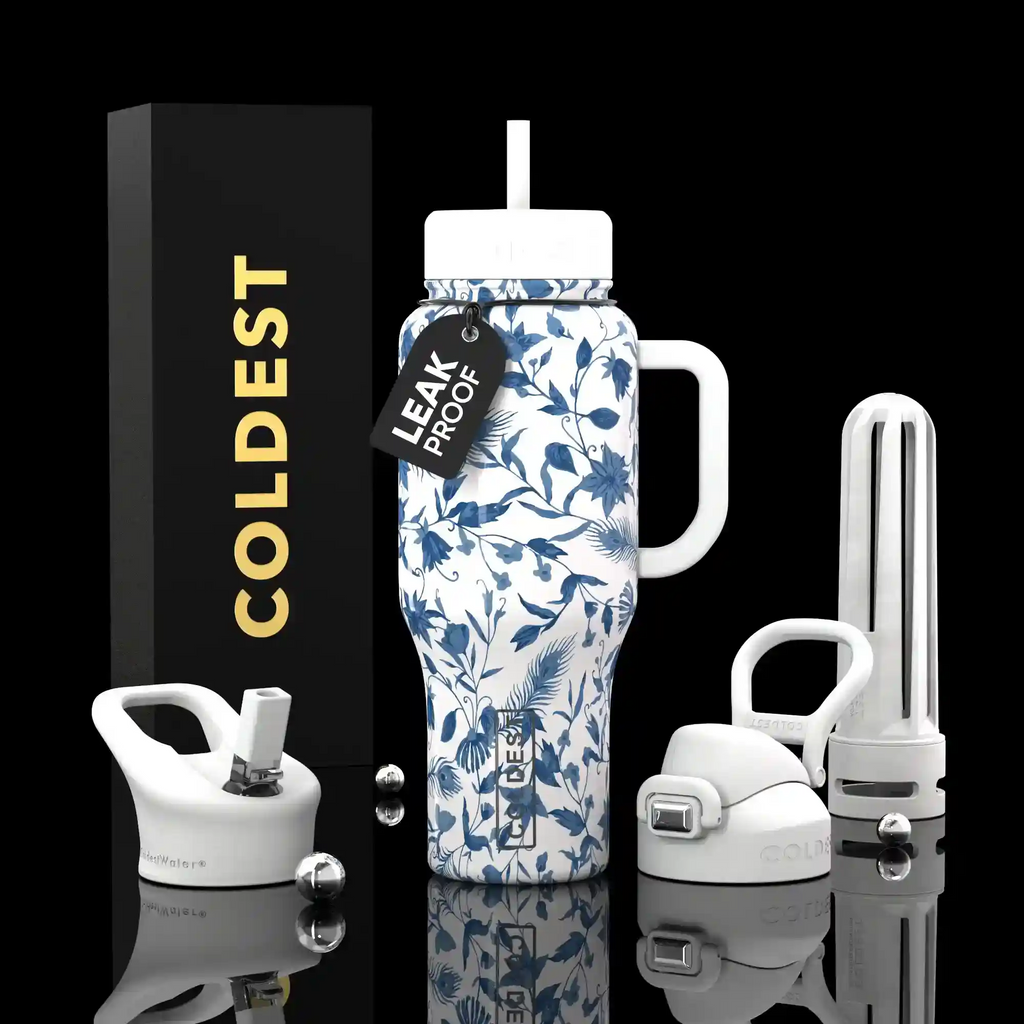 36oz insulated bottle, white with blue botanical pattern, includes straw and handle
