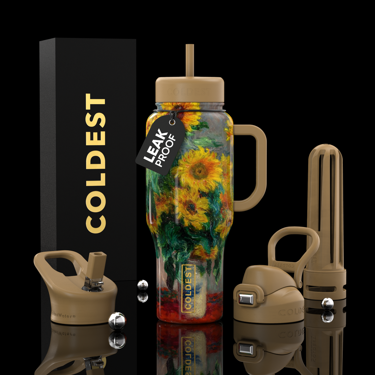 COLDEST 36oz insulated water bottle with handle, clear amber sunflower artwork, flip straw lid