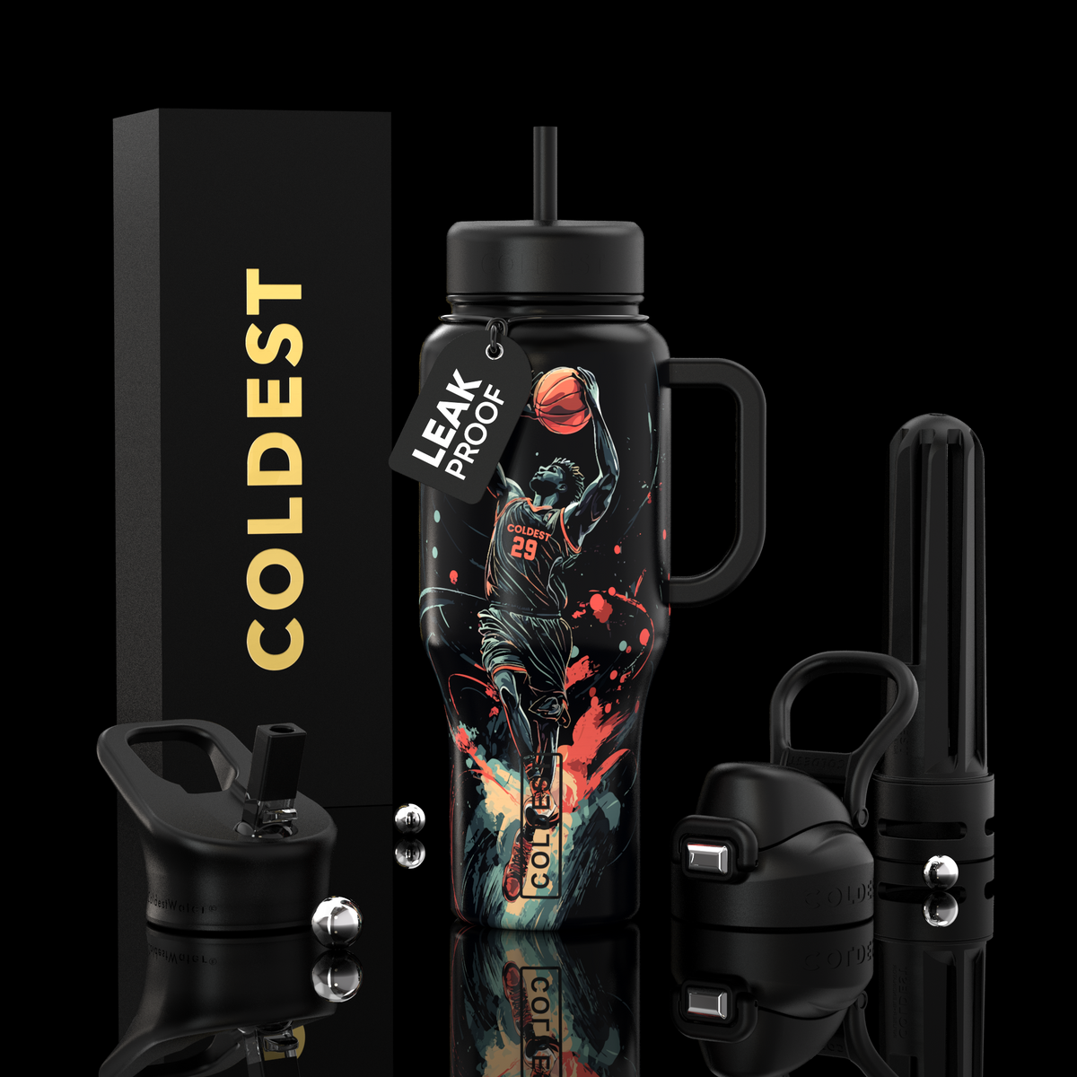 Black 36oz tumbler bottle set with illustrated graphic wrap, handle, leakproof lid, straw