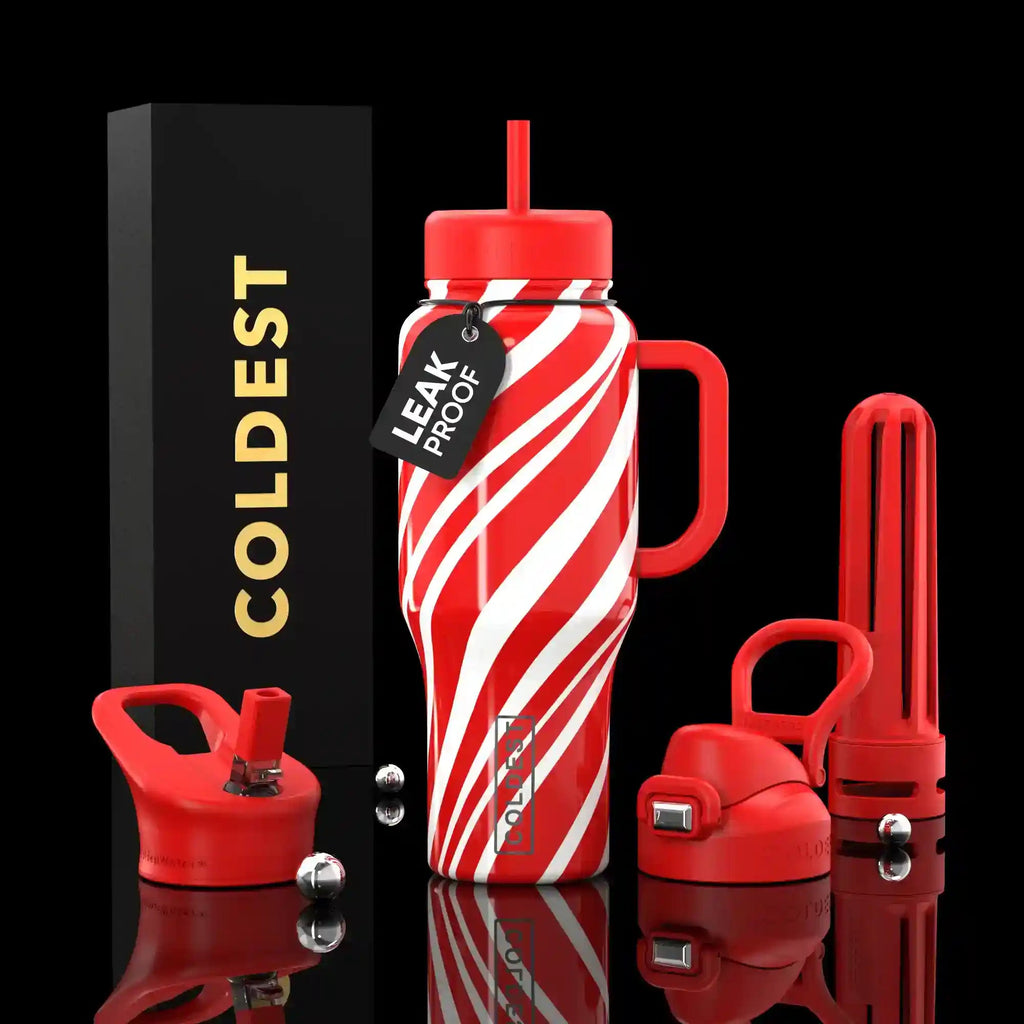 36oz insulated water bottle with straw and red lids; white swirl stripe pattern