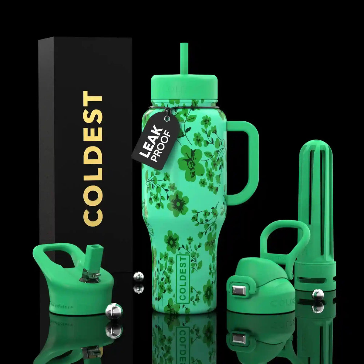 COLDEST 36oz insulated water bottle, green clover leaf pattern with flip straw lid