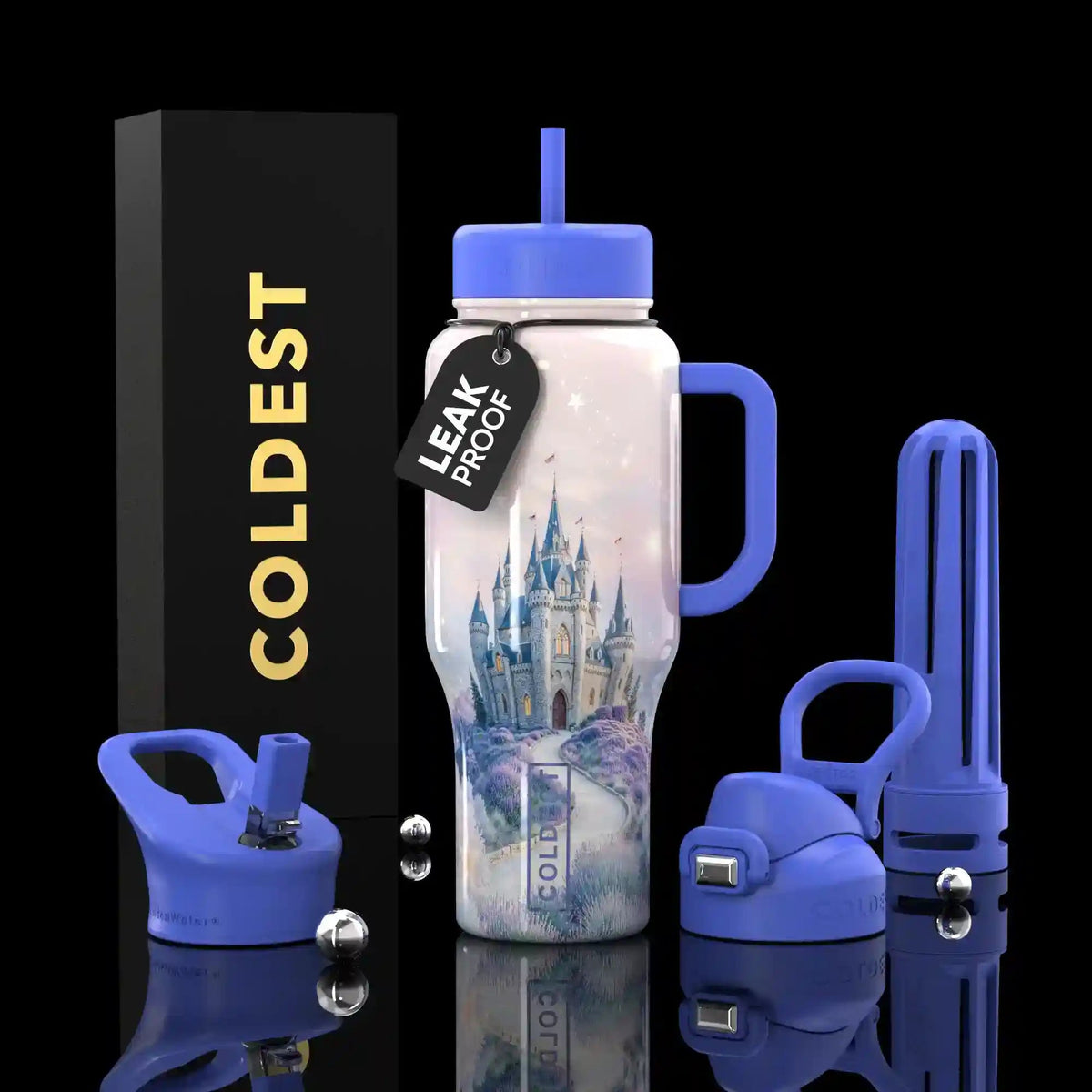 36oz insulated bottle, light pink with blue castle graphic, includes straw and handle