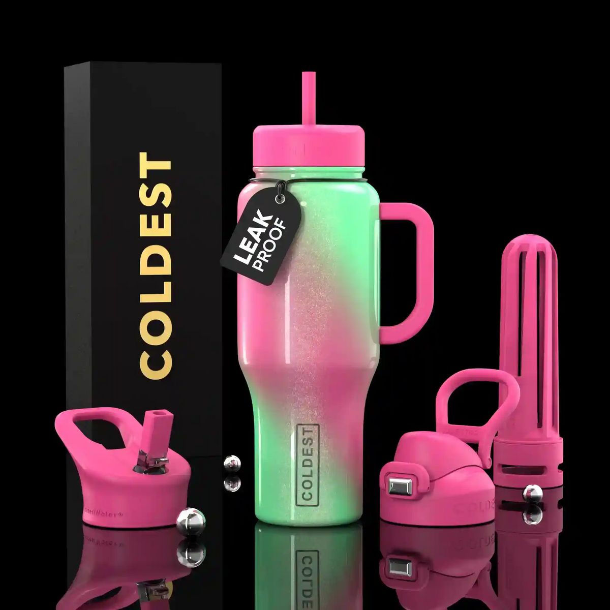 Color-changing insulated tumbler with pink and green gradient, handle, straw, and lid.