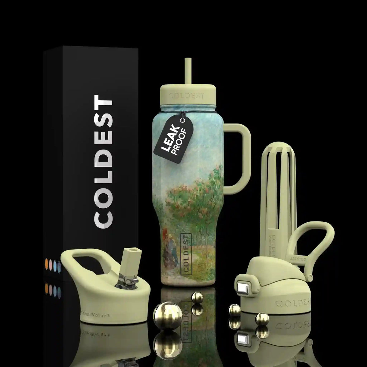 36oz insulated water bottle with pale yellow straw lid and nature scene print