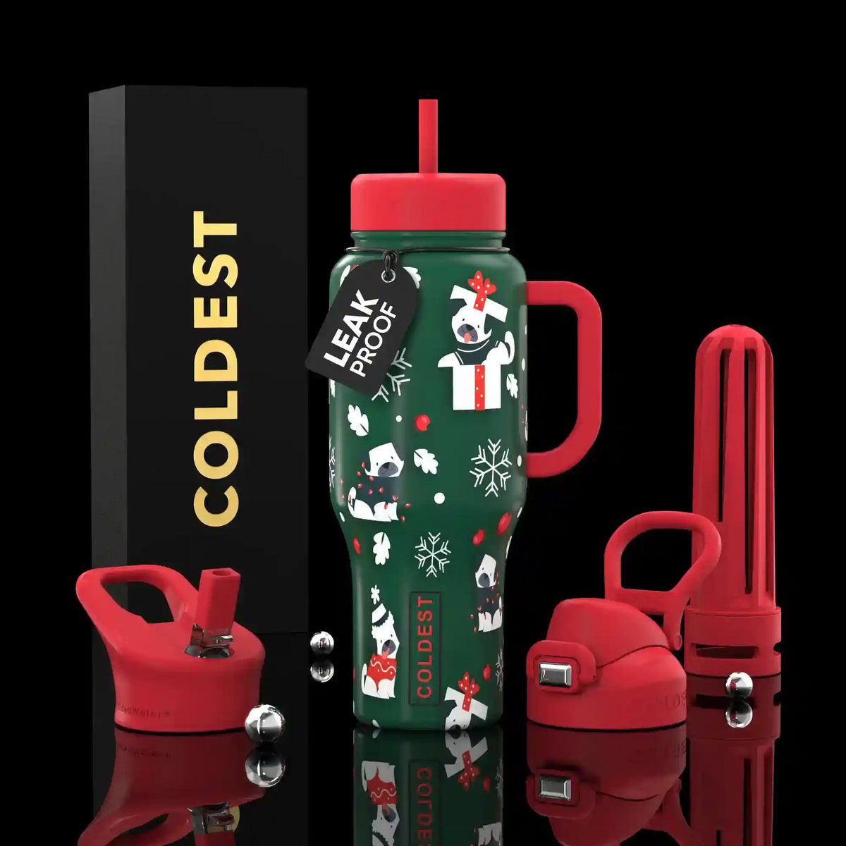 36oz insulated water bottle with green straw lid and penguin snowflake pattern