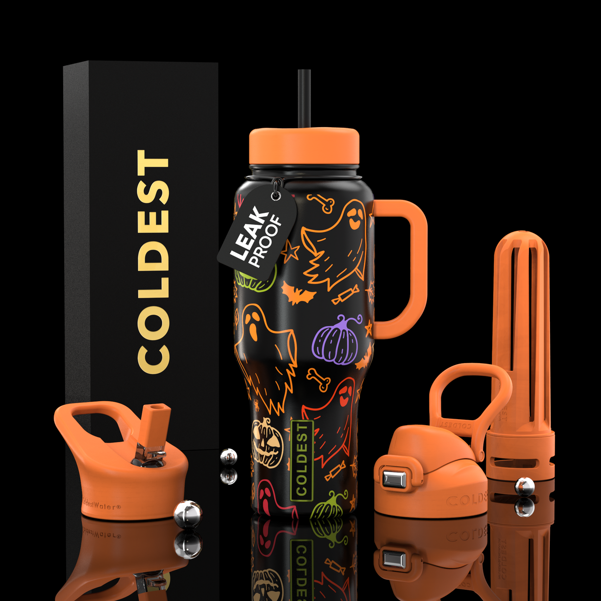 36oz insulated water bottle with handle, orange lid, and playful monster line graphics