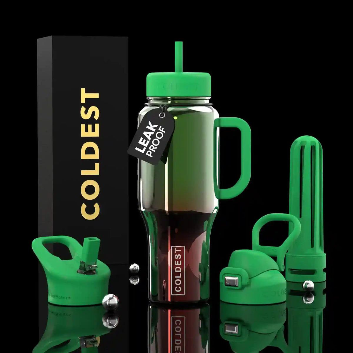 36oz insulated bottle, dark green with reflective finish, includes straw and handle
