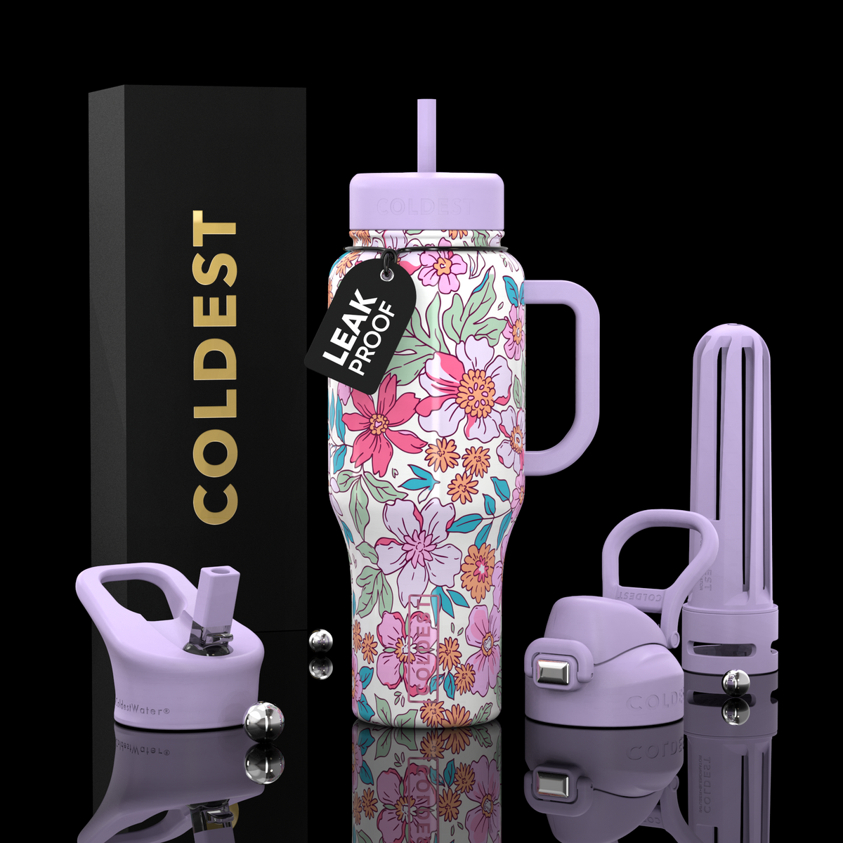 White 36oz tumbler bottle set with pink flower wrap, handle, leakproof lid, straw