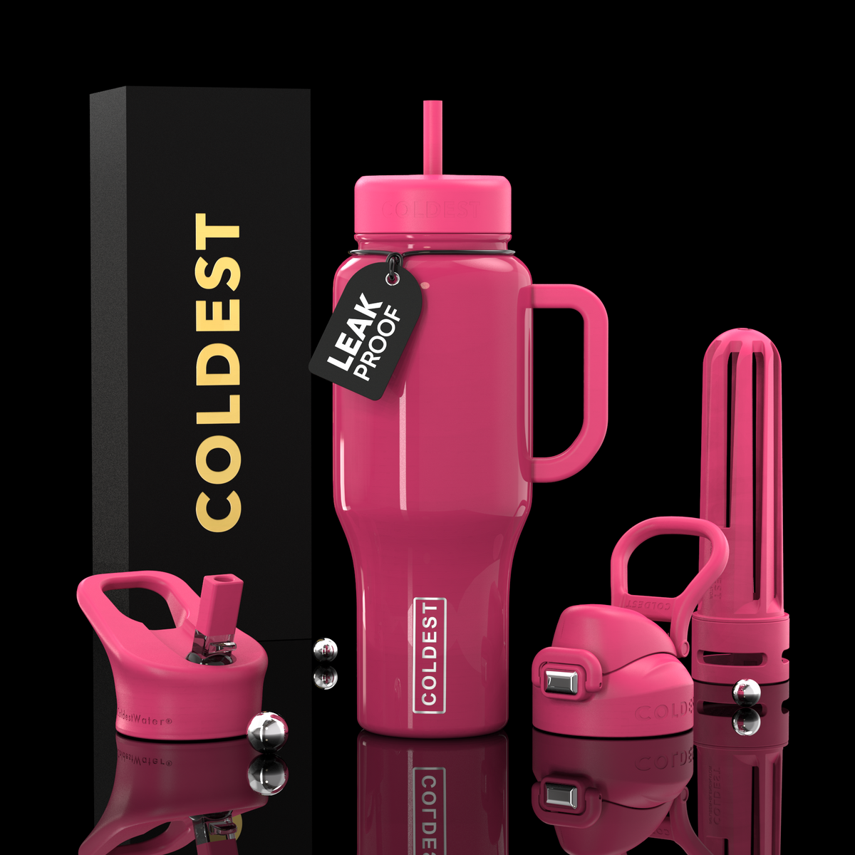 Hot pink 36oz tumbler bottle set with handle, leakproof lid, and straw