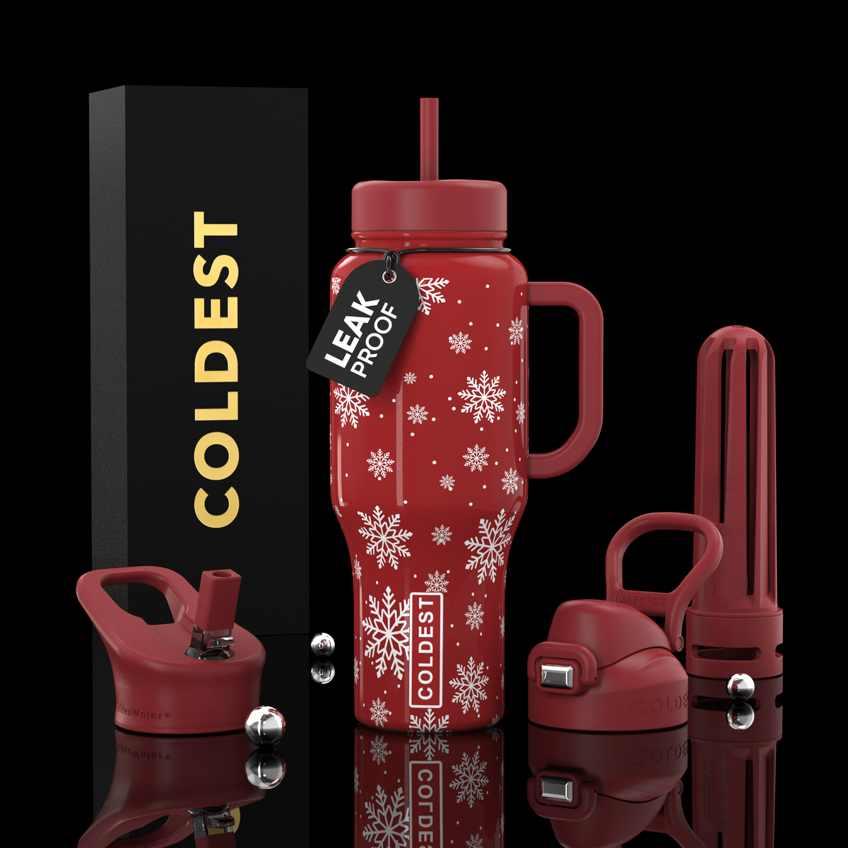 COLDEST 36oz insulated water bottle with handle, red snowflake print, flip straw lid