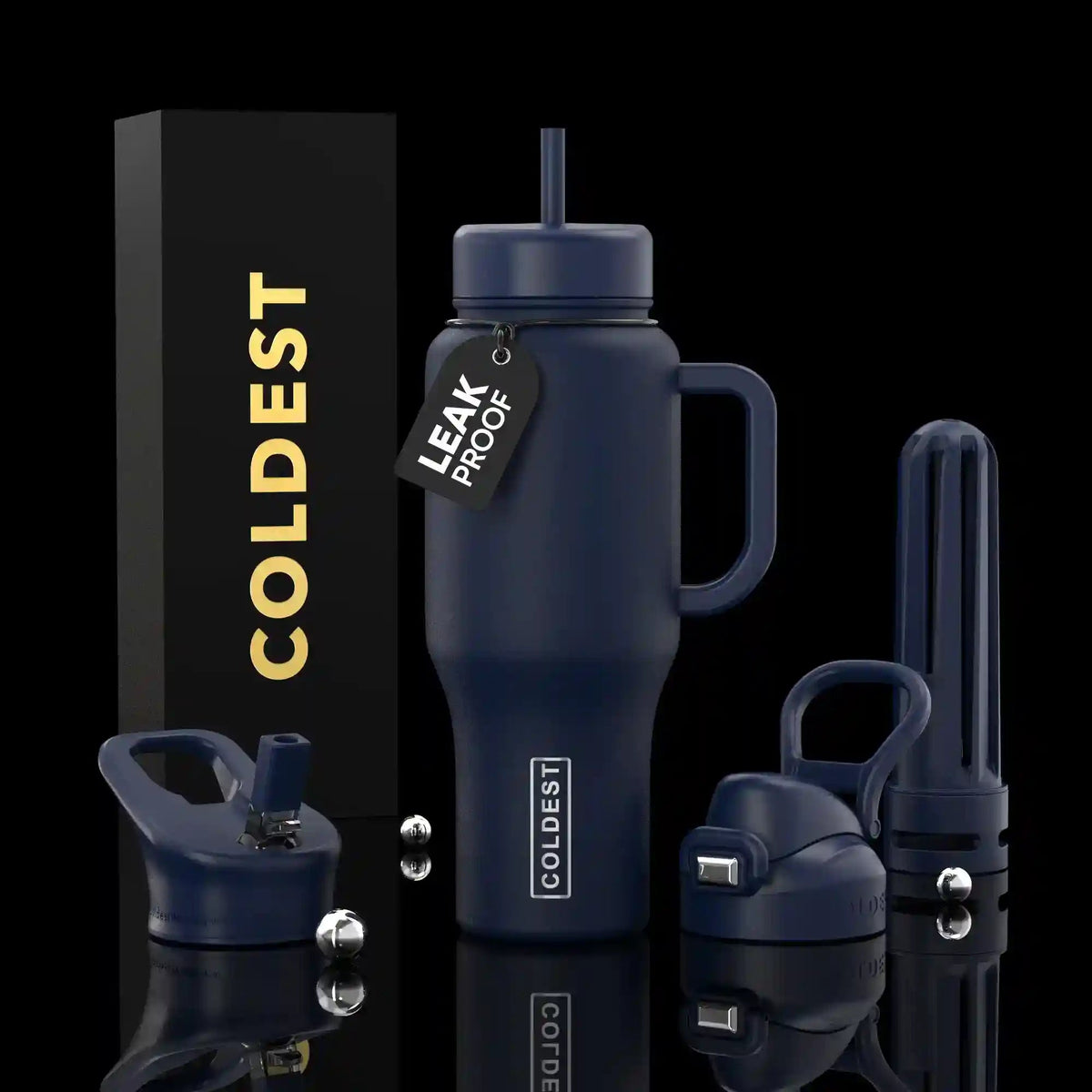 Blue insulated tumbler with handle, straw, and leakproof lid set.
