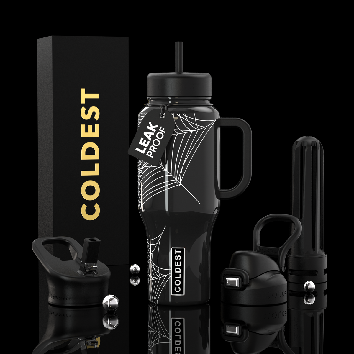 36oz insulated water bottle with handle, black wrap, and white line spiderweb art