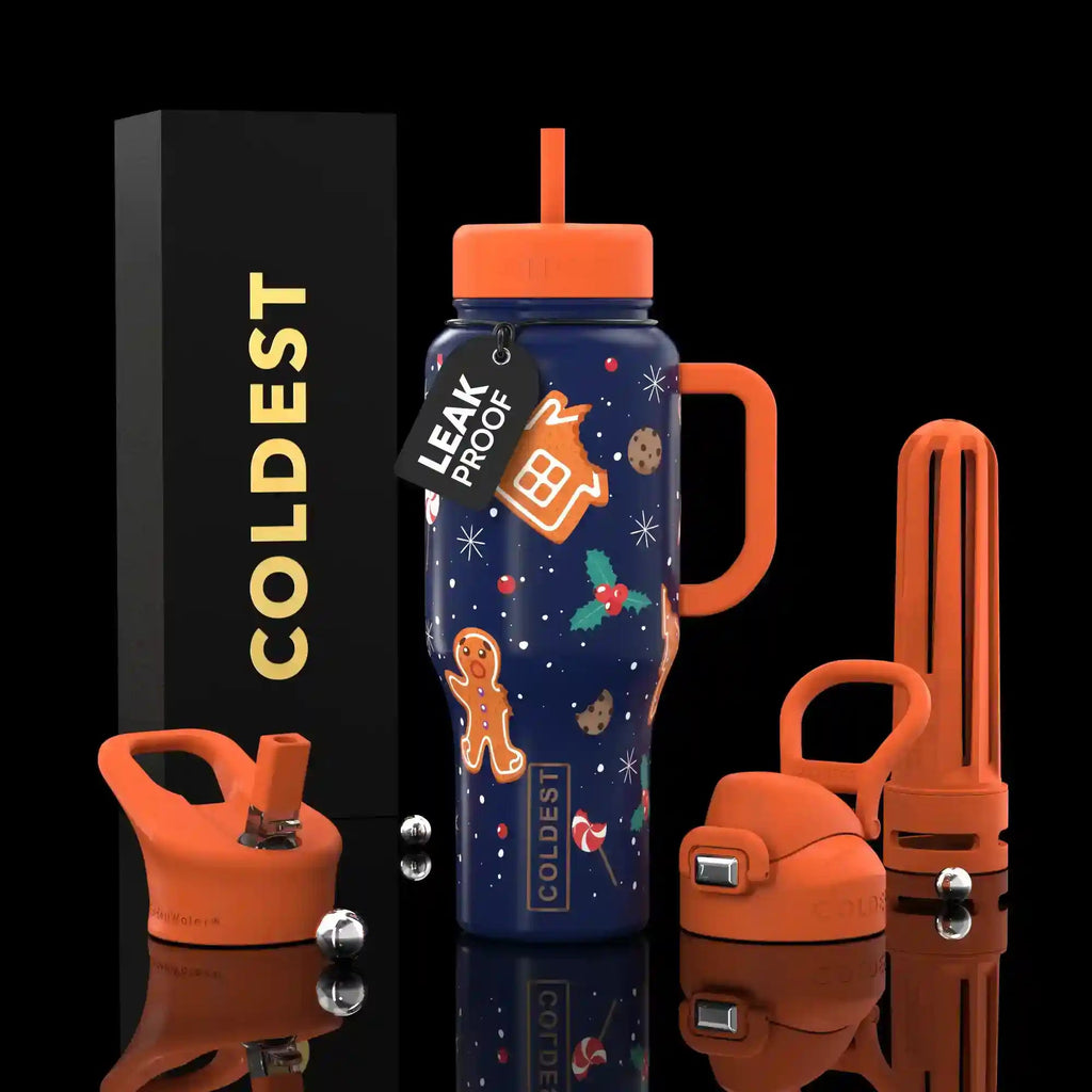 36oz insulated water bottle with orange straw lid and blue cookie/space print