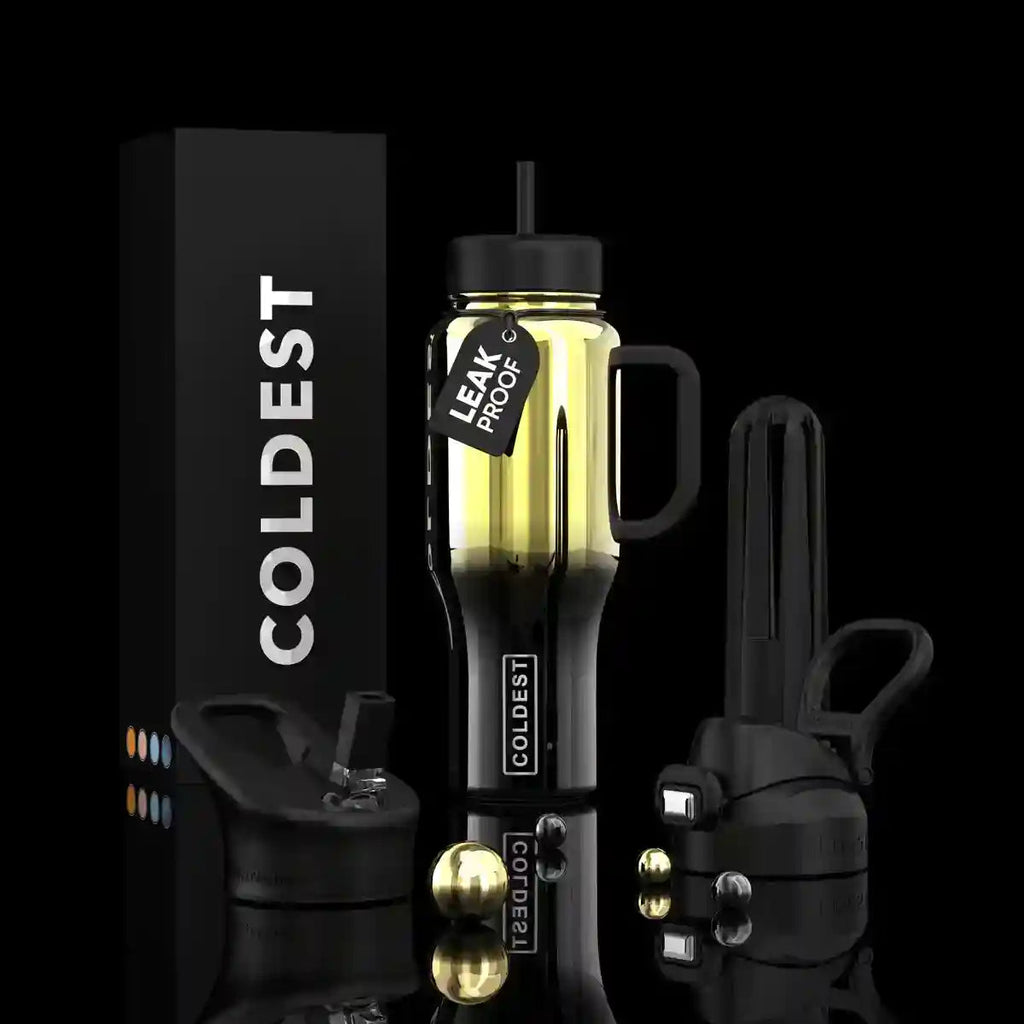 36oz insulated water bottle with glossy black finish, straw lid, and side handle