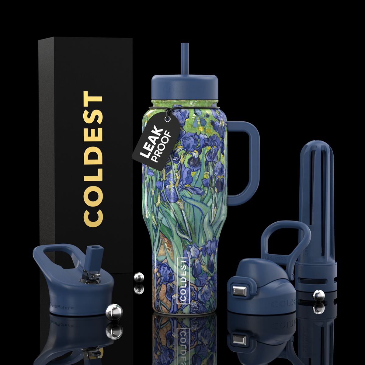 COLDEST 36oz insulated water bottle with handle, blue-green floral art, flip straw lid