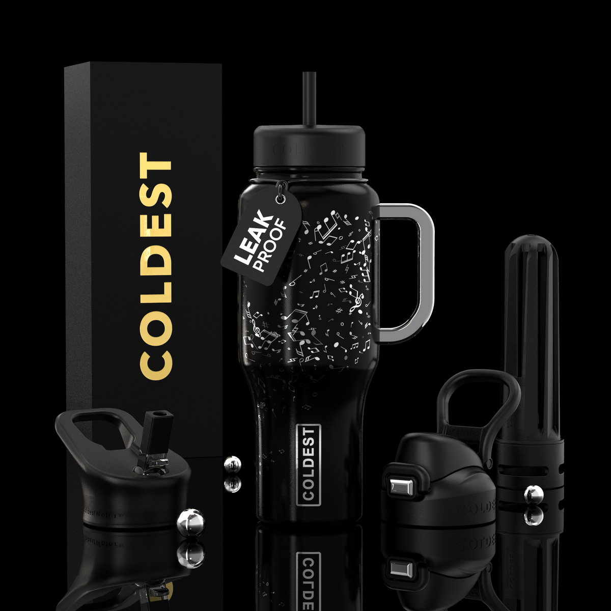 Black 36oz tumbler bottle set with dotted splash wrap, handle, leakproof lid, straw