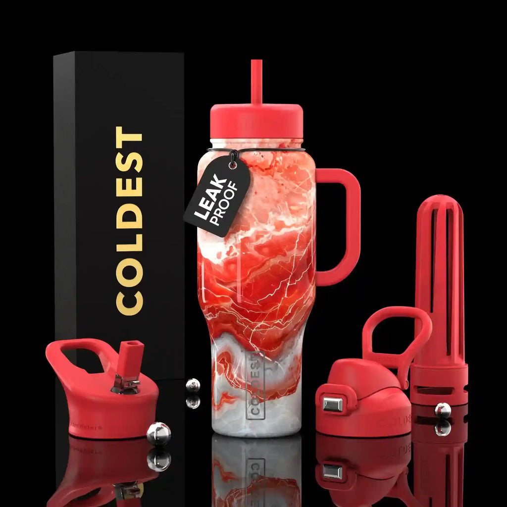 36oz insulated water bottle with handle and straw, red marble graphic glow pattern