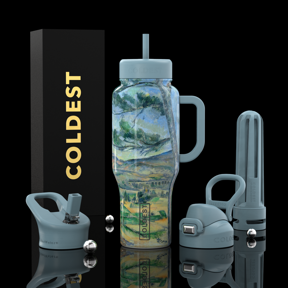 COLDEST 36oz insulated water bottle with handle, blue landscape print, flip straw lid