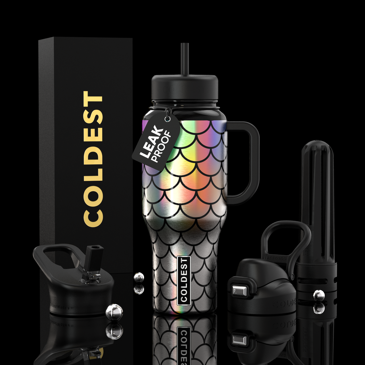 36oz insulated water bottle with handle, black lid, and mermaid scale pattern