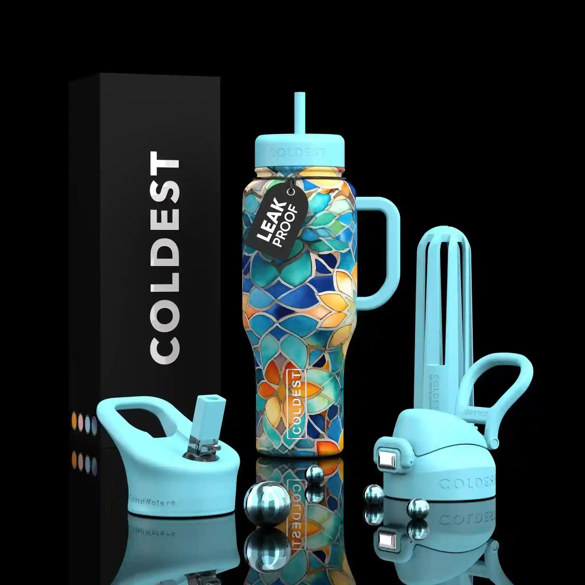 36oz insulated water bottle with turquoise straw lid and mosaic glass pattern