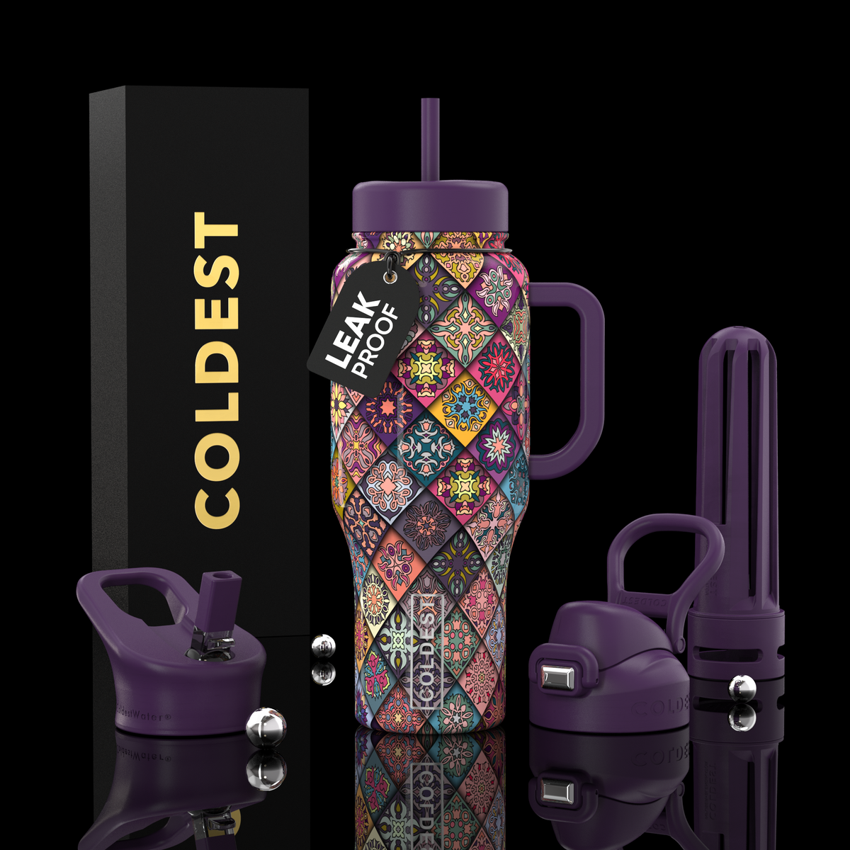 36oz insulated water bottle with handle, purple lid, and colorful geometric wrap