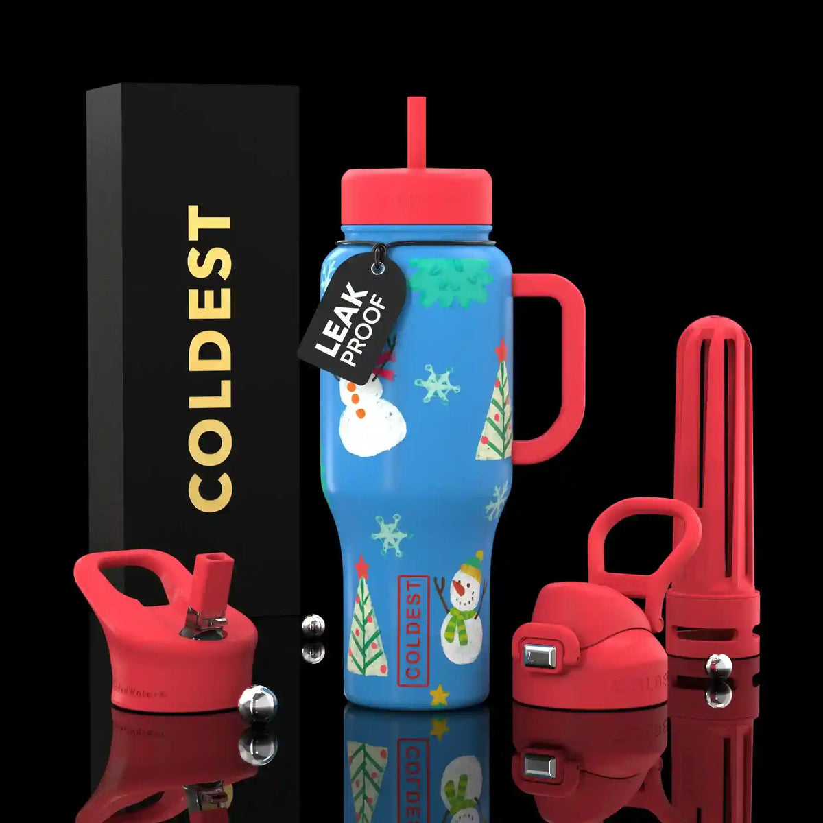 36oz insulated water bottle with red straw lid and blue winter snowman print