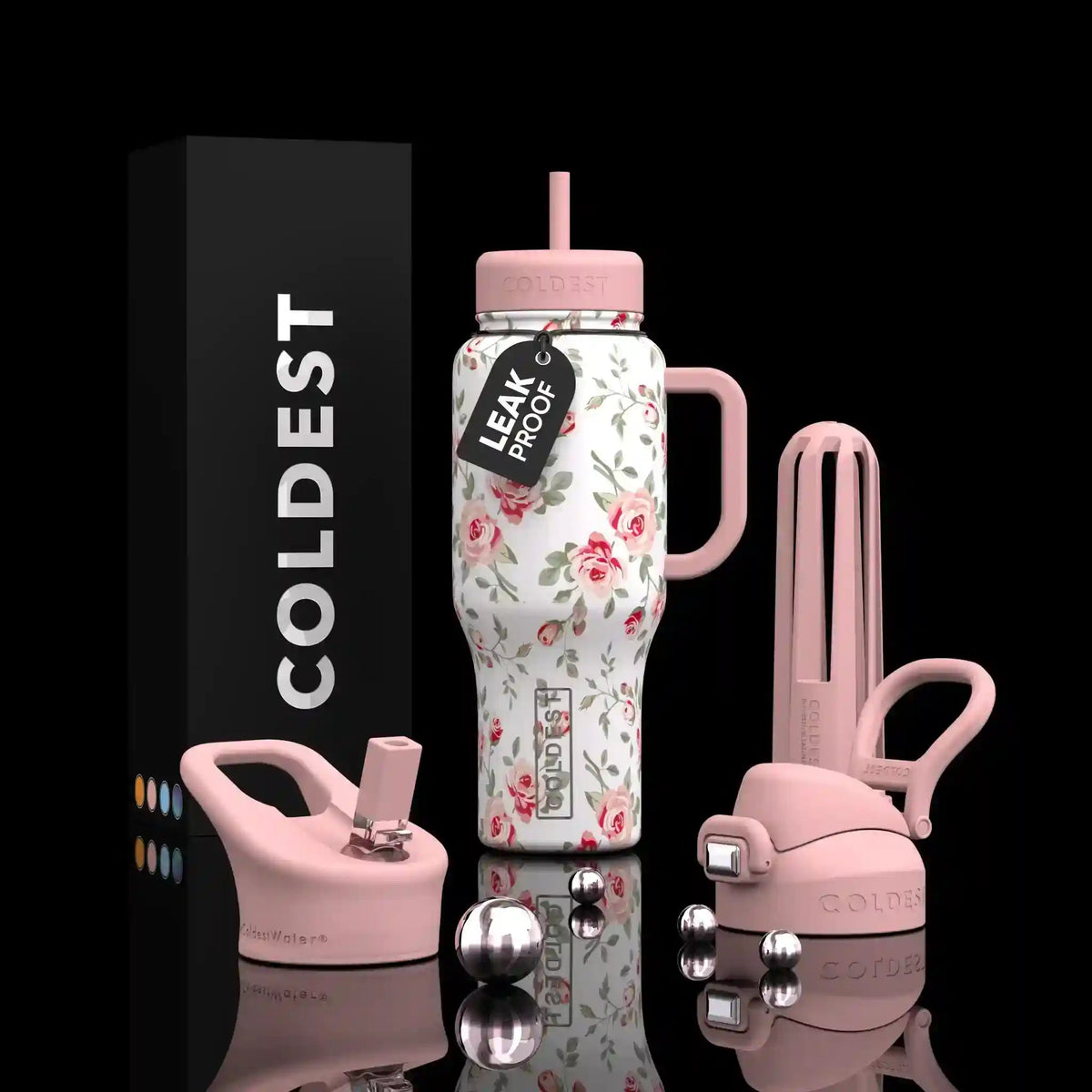 36oz insulated water bottle with pink straw lid and floral rose pattern