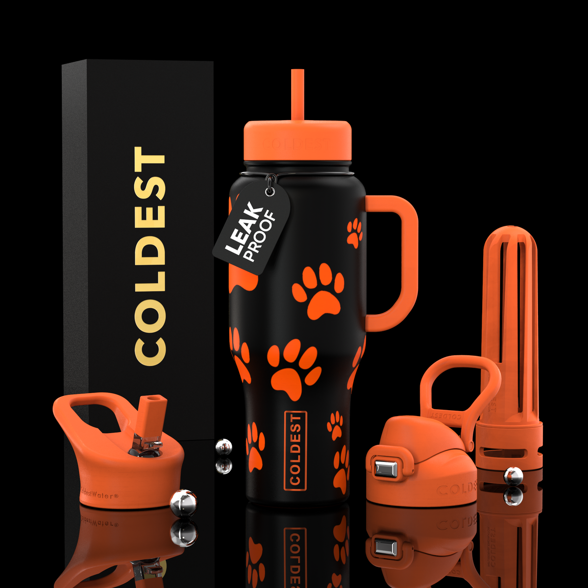 36oz insulated water bottle with handle, orange lid, and paw print pattern