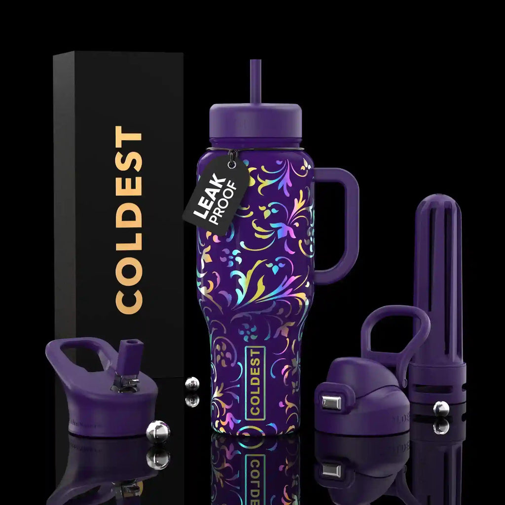 36oz insulated bottle with purple ornate swirl design, handle and straw lid