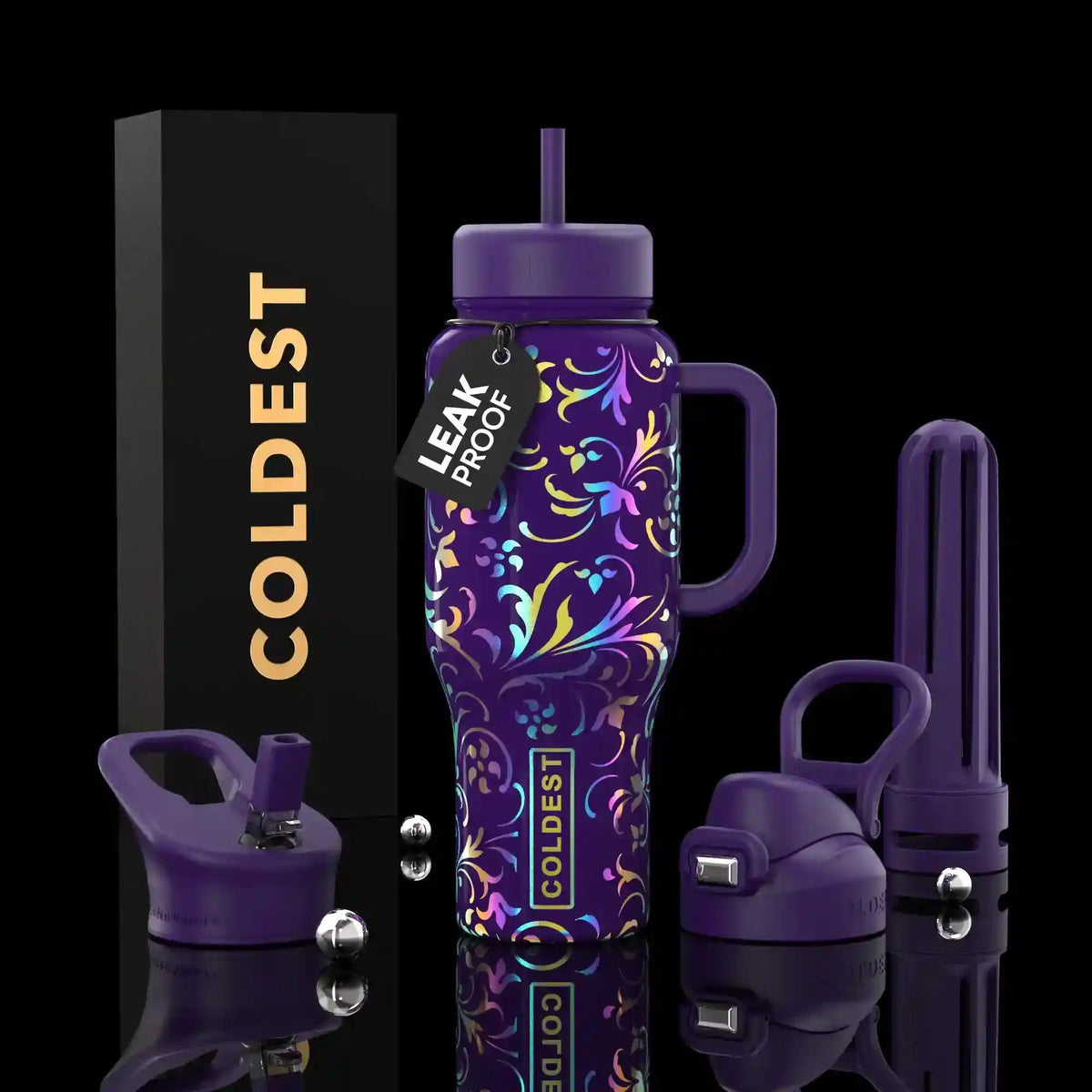 36oz insulated bottle with purple ornate swirl design, handle and straw lid