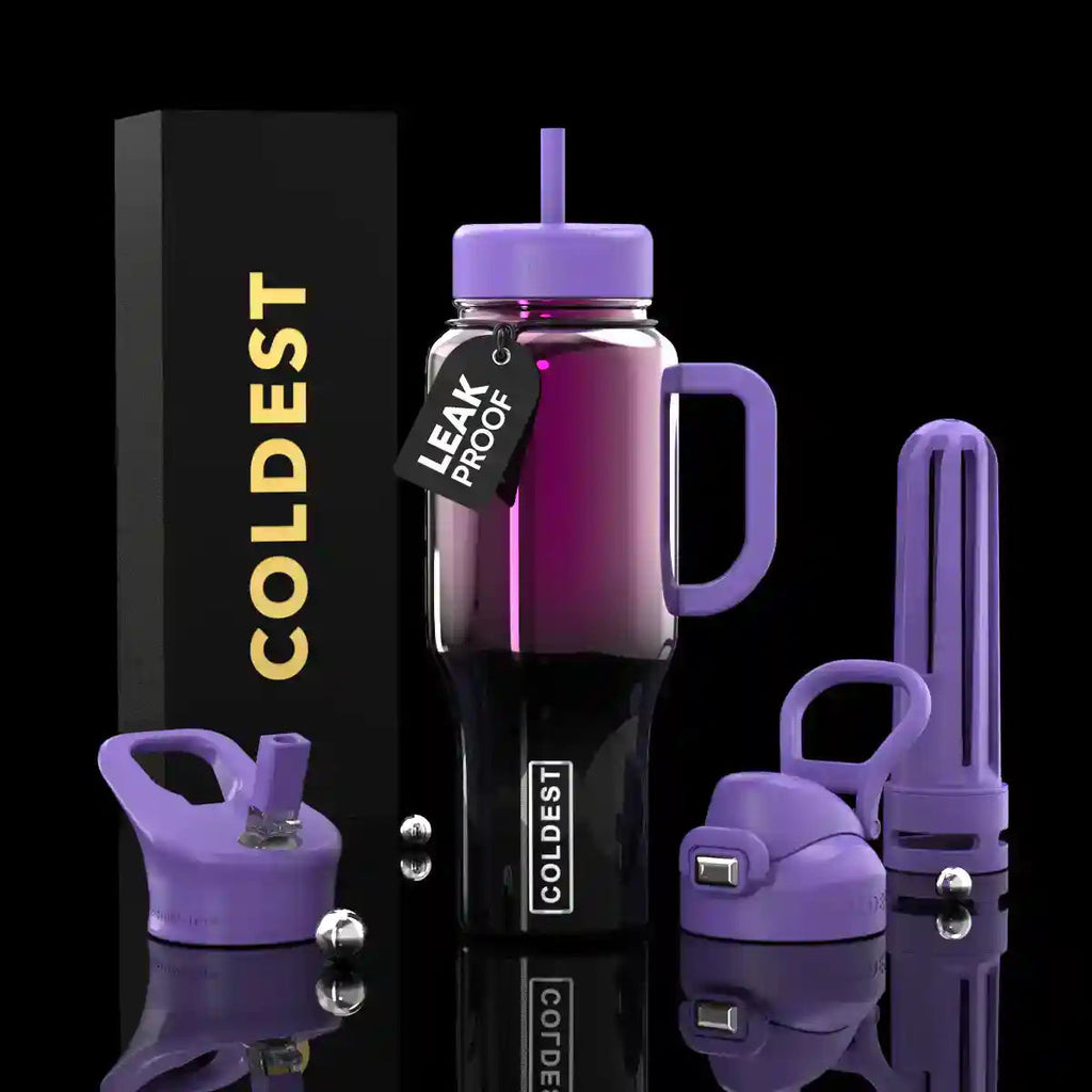 Purple insulated tumbler with handle, straw, and leakproof lid set.