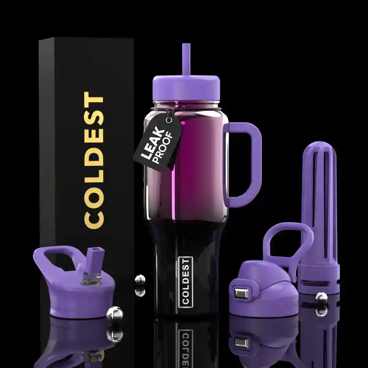 Purple insulated tumbler with handle, straw, and leakproof lid set.
