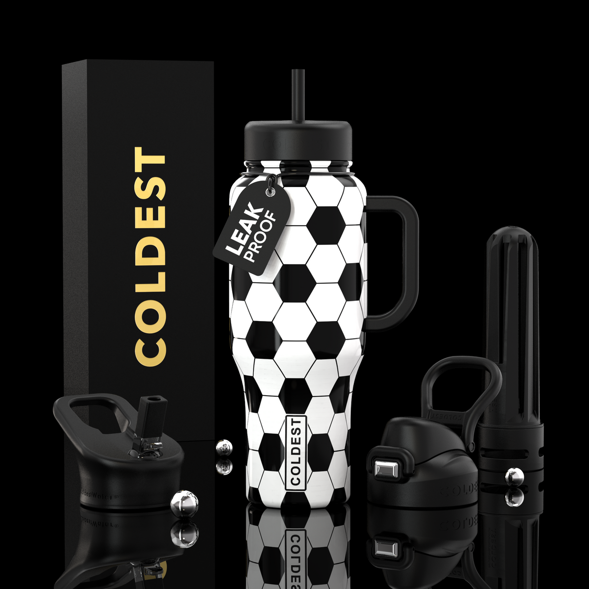 COLDEST 36oz insulated water bottle with handle, white soccer ball pattern, flip straw lid