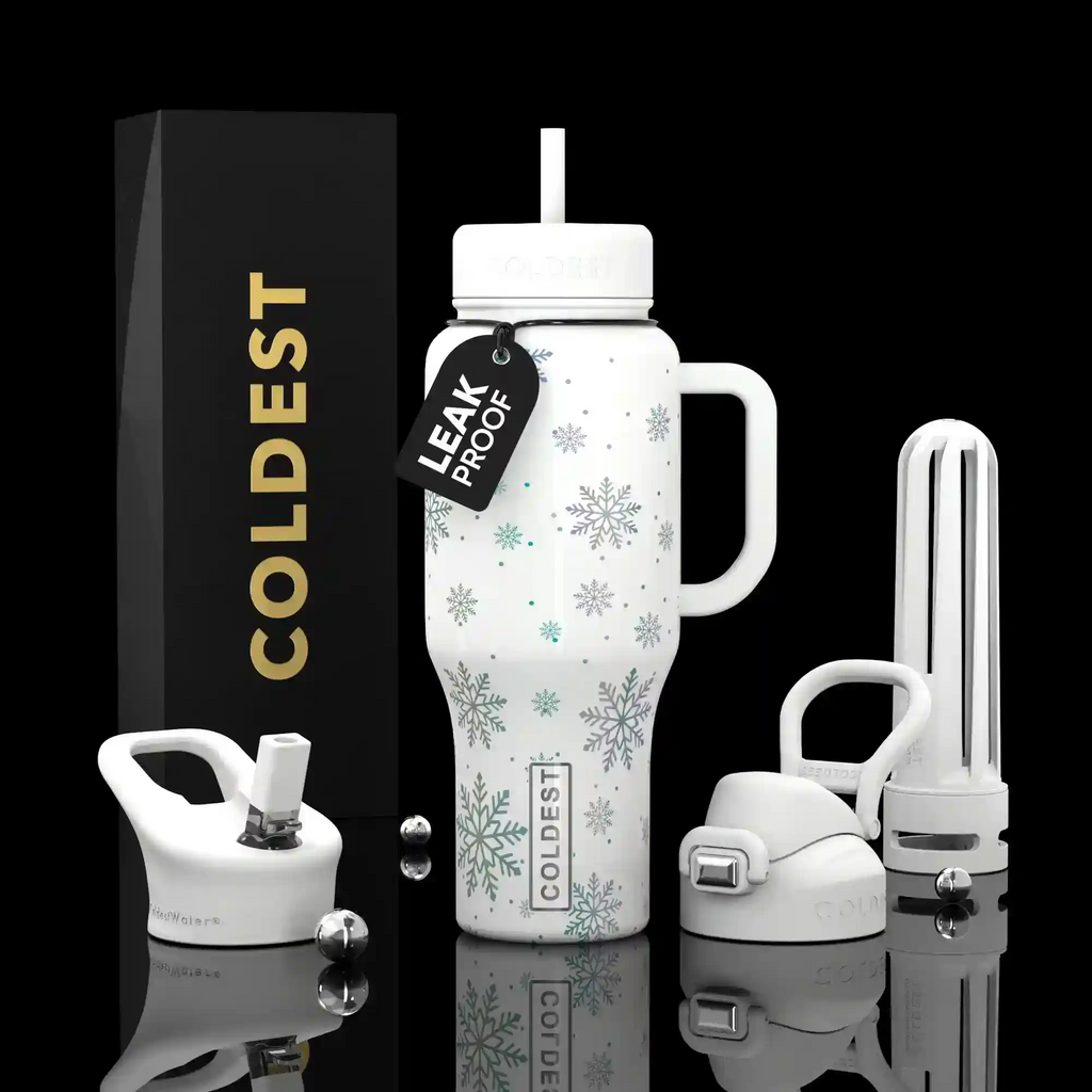 36oz insulated bottle, white with teal snowflake pattern, includes straw and handle