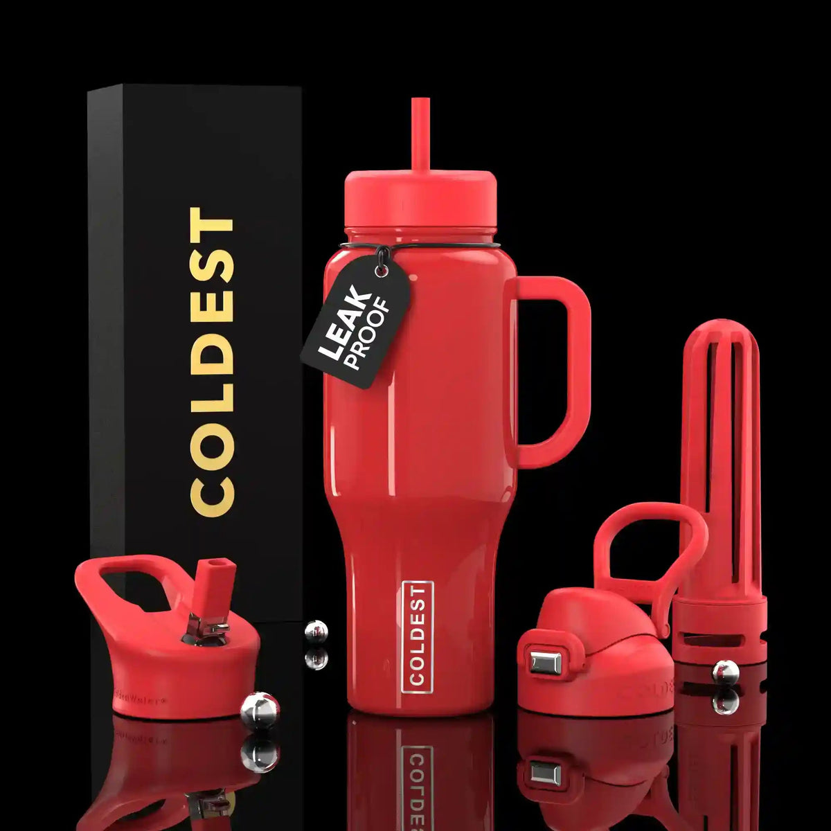 36oz insulated bottle, glossy red with smooth finish, includes straw and handle