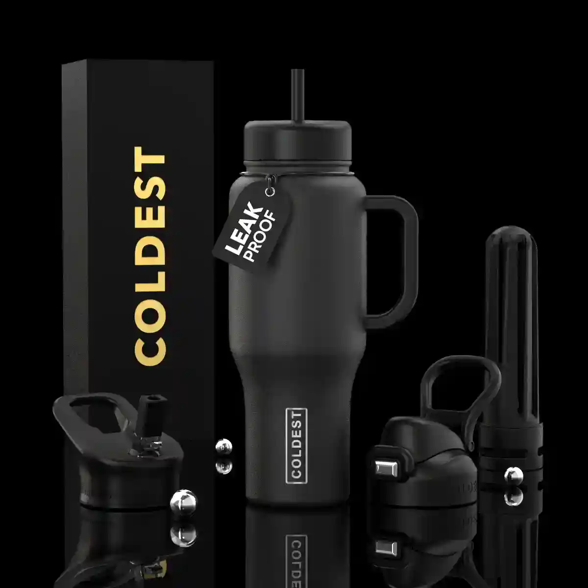 Gray insulated tumbler with handle, straw, and leakproof lid set.