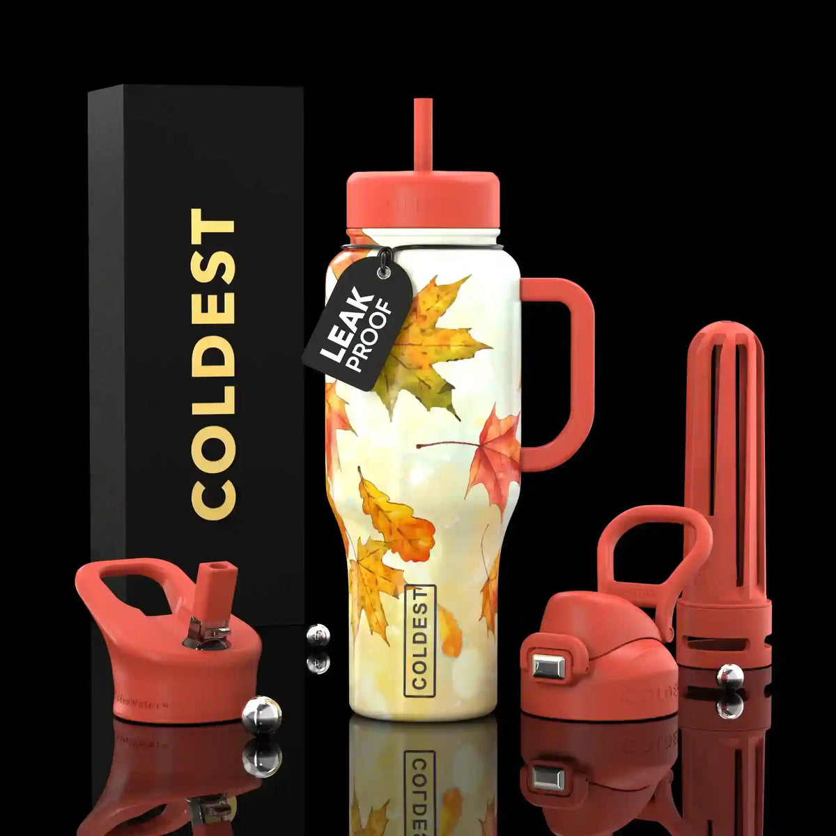 36oz insulated bottle, white with fall leaves graphic, includes straw and handle