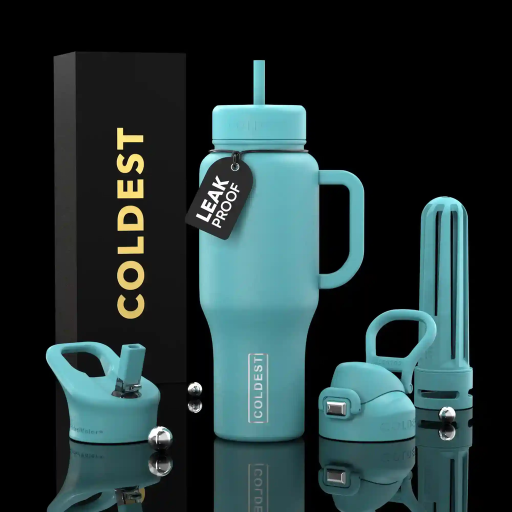 36oz insulated water bottle with handle and straw, light blue with glow paw print accents