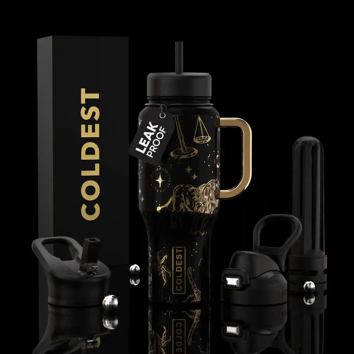 COLDEST 36oz insulated water bottle, black with gold celestial pattern and flip straw lid