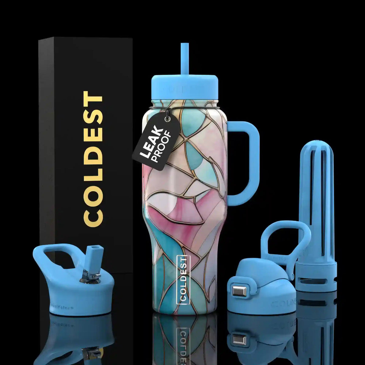 COLDEST 36oz insulated water bottle, stained glass butterfly pattern with blue flip straw lid