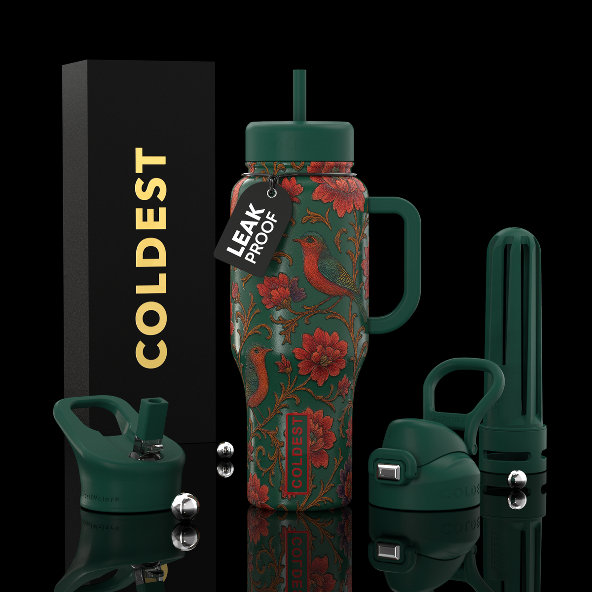 36oz insulated water bottle with green base and red floral bird pattern, straw lid