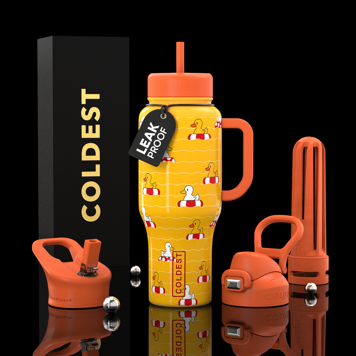 36oz insulated water bottle with orange cartoon print, straw lid, and flip handle